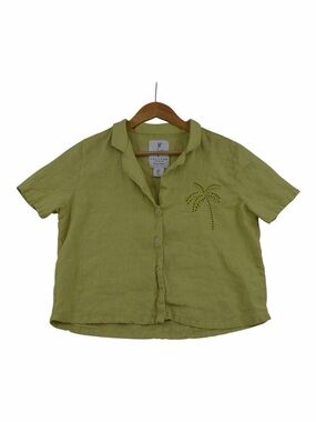 Calypso St. Barth Lime Green Palm-Accent Linen Button-Down Shirt